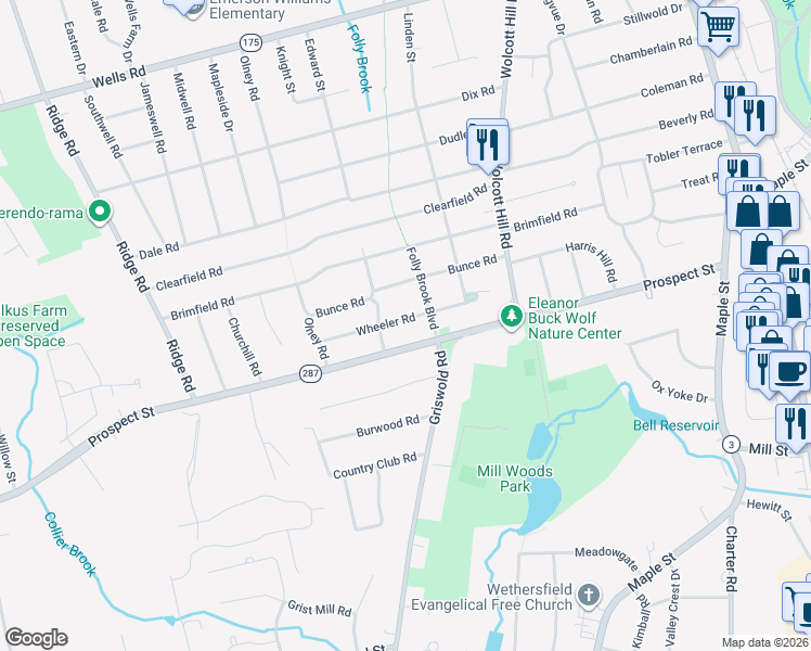 map of restaurants, bars, coffee shops, grocery stores, and more near 84 Wheeler Road in Wethersfield