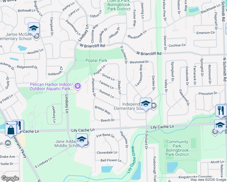 map of restaurants, bars, coffee shops, grocery stores, and more near 173 Shady Lane in Bolingbrook