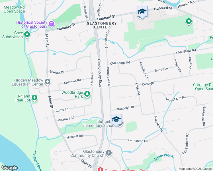 map of restaurants, bars, coffee shops, grocery stores, and more near 233 Buttonball Lane in Glastonbury