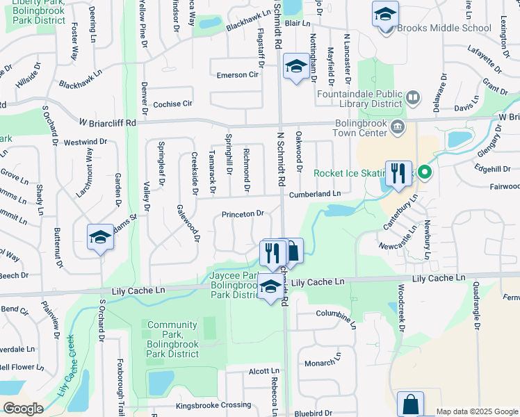 map of restaurants, bars, coffee shops, grocery stores, and more near 512 Princeton Drive in Bolingbrook
