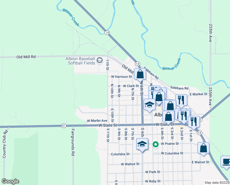map of restaurants, bars, coffee shops, grocery stores, and more near 200-242 North 9th Street in Albion