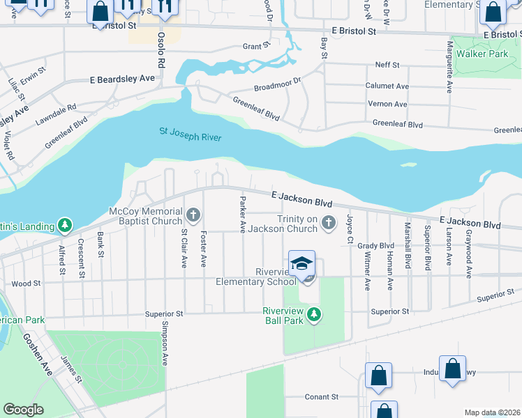 map of restaurants, bars, coffee shops, grocery stores, and more near 2314 Kirby Drive in Elkhart