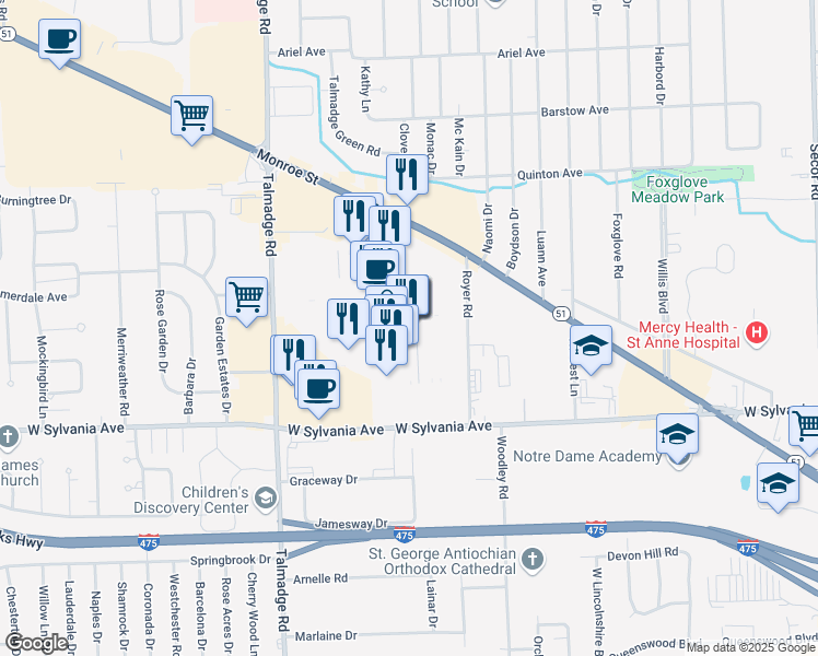 map of restaurants, bars, coffee shops, grocery stores, and more near 5001 Monroe Street in Toledo