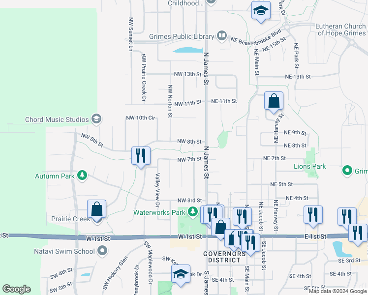 map of restaurants, bars, coffee shops, grocery stores, and more near 204 Northwest 8th Street in Grimes