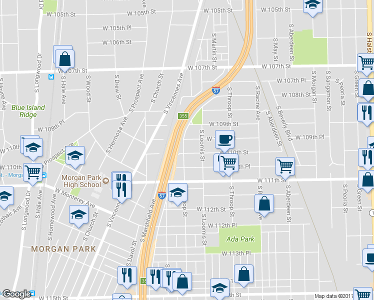 map of restaurants, bars, coffee shops, grocery stores, and more near 1434 West 110th Street in Chicago