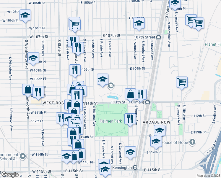map of restaurants, bars, coffee shops, grocery stores, and more near 250 East 111th Street in Chicago