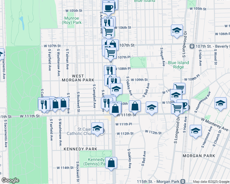 map of restaurants, bars, coffee shops, grocery stores, and more near 10943 Western Avenue in Chicago