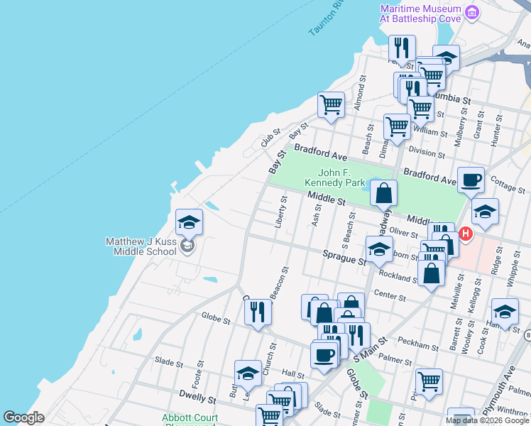 map of restaurants, bars, coffee shops, grocery stores, and more near 452 Bay Street in Fall River