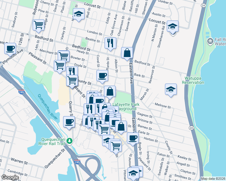 map of restaurants, bars, coffee shops, grocery stores, and more near 2 Thomas Street in Fall River