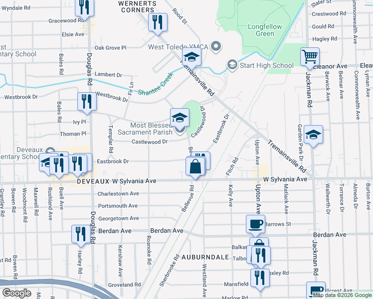 map of restaurants, bars, coffee shops, grocery stores, and more near 2146 Eastbrook Drive in Toledo
