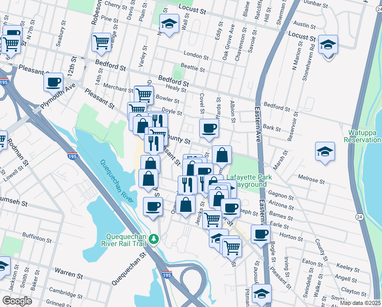 map of restaurants, bars, coffee shops, grocery stores, and more near 4 Canonicus Street in Fall River
