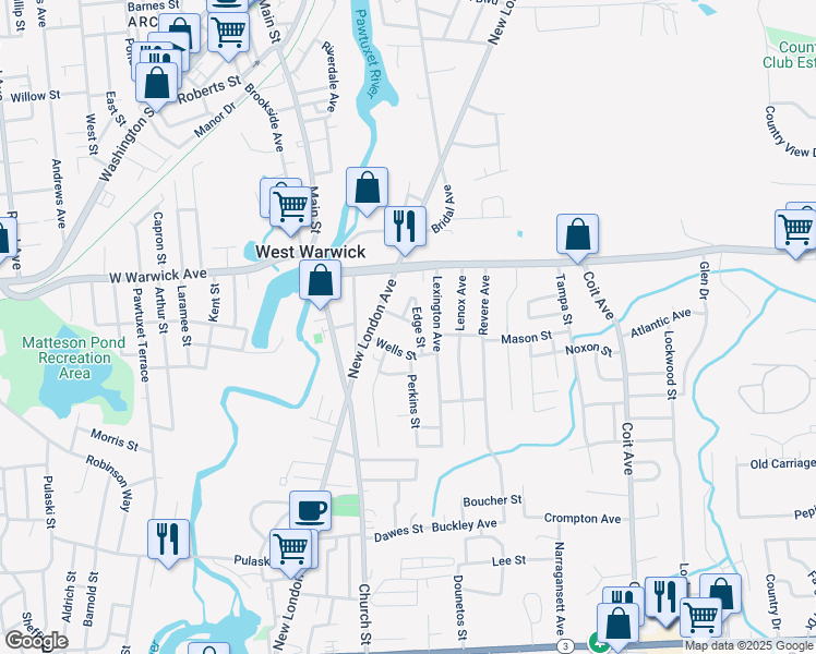 map of restaurants, bars, coffee shops, grocery stores, and more near 9 Bishop Street in West Warwick