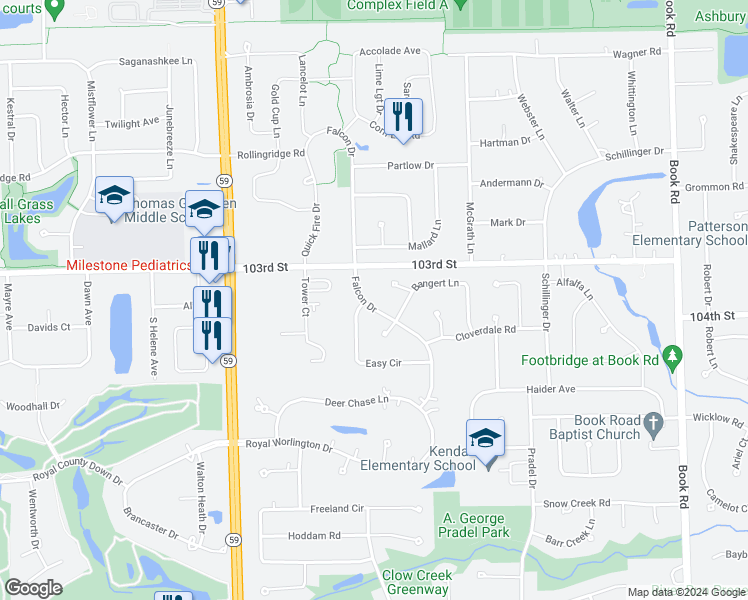 map of restaurants, bars, coffee shops, grocery stores, and more near 4020 Falcon Drive in Naperville