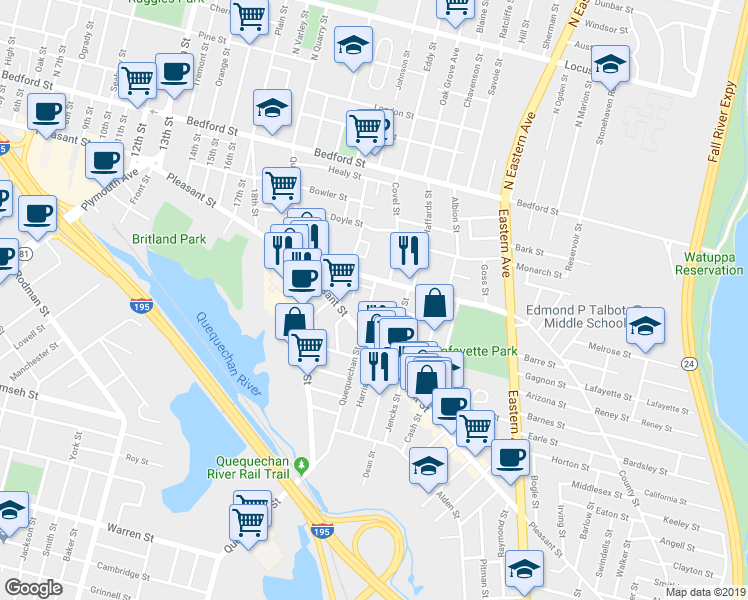 map of restaurants, bars, coffee shops, grocery stores, and more near 34 Canonicus Street in Fall River
