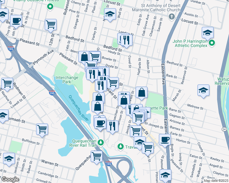 map of restaurants, bars, coffee shops, grocery stores, and more near 1112 Pleasant Street in Fall River