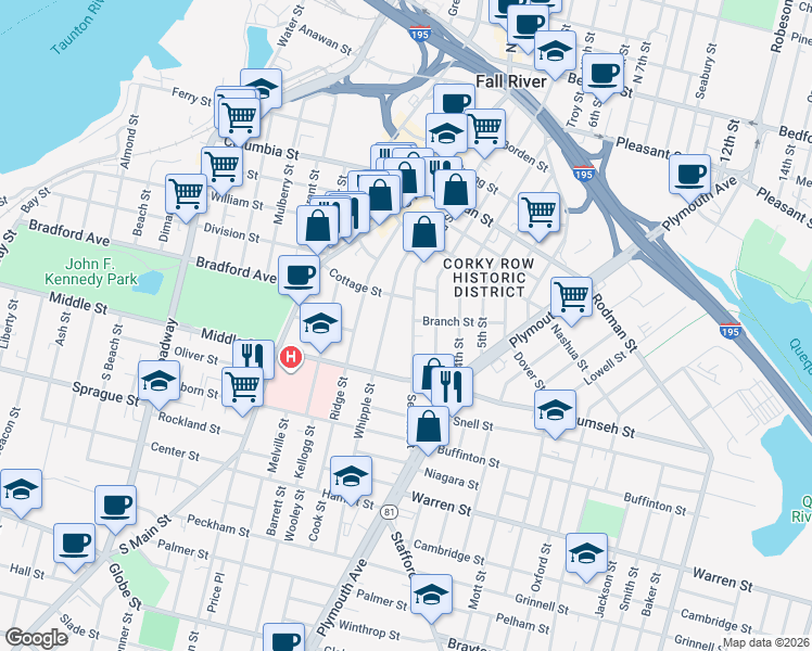 map of restaurants, bars, coffee shops, grocery stores, and more near 218 Whipple Street in Fall River