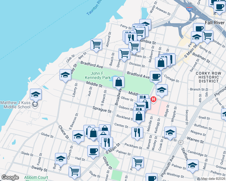 map of restaurants, bars, coffee shops, grocery stores, and more near 523 Broadway in Fall River