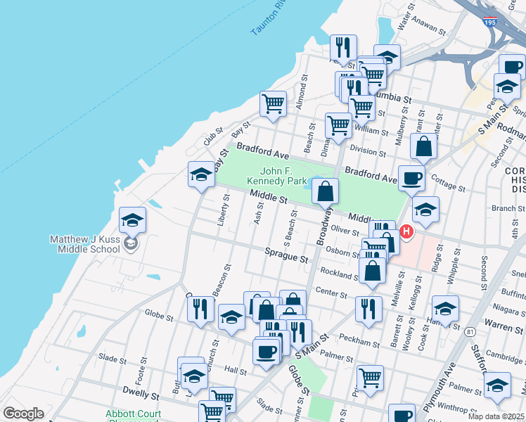 map of restaurants, bars, coffee shops, grocery stores, and more near 541 South Almond Street in Fall River