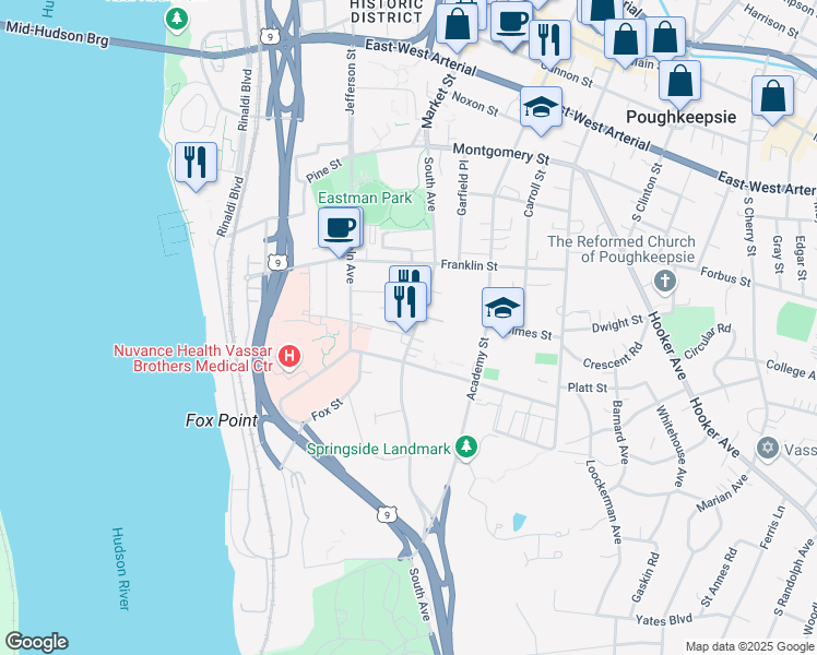 map of restaurants, bars, coffee shops, grocery stores, and more near 3 Reade Place in Poughkeepsie