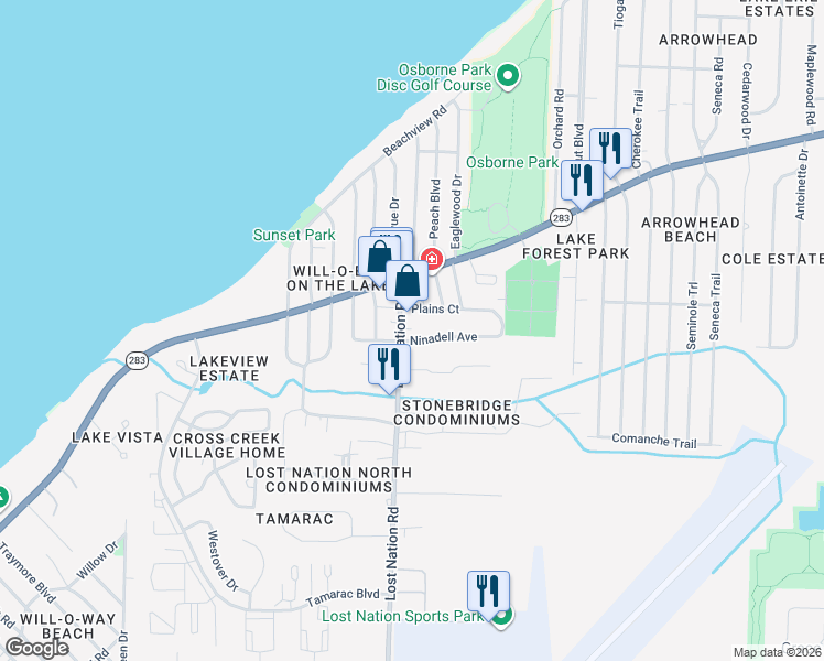 map of restaurants, bars, coffee shops, grocery stores, and more near 1135 Lost Nation Road in Willoughby