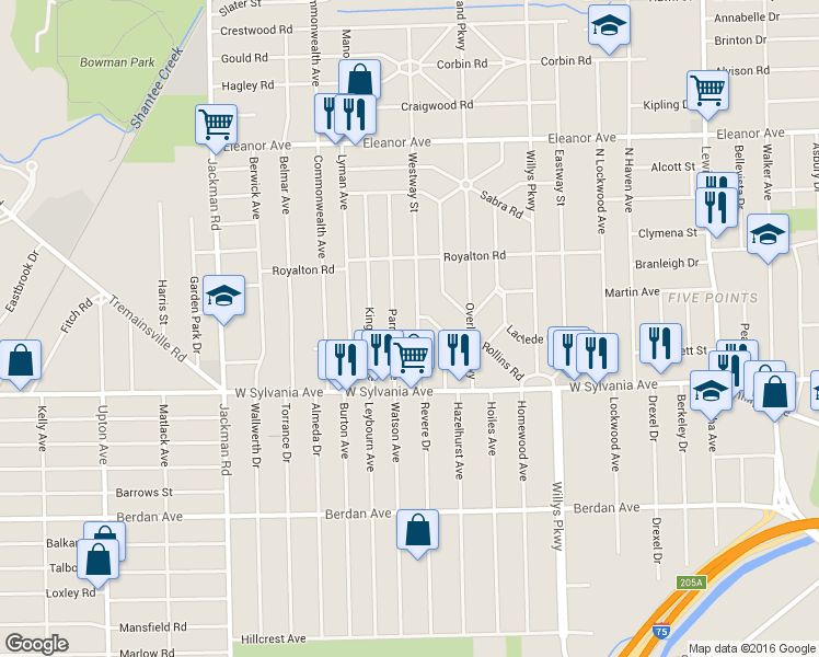 map of restaurants, bars, coffee shops, grocery stores, and more near 4110 Westway Street in Toledo