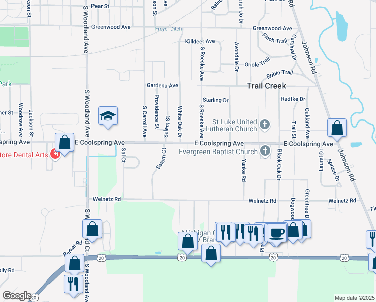 map of restaurants, bars, coffee shops, grocery stores, and more near 3213 Dody Avenue in Michigan City