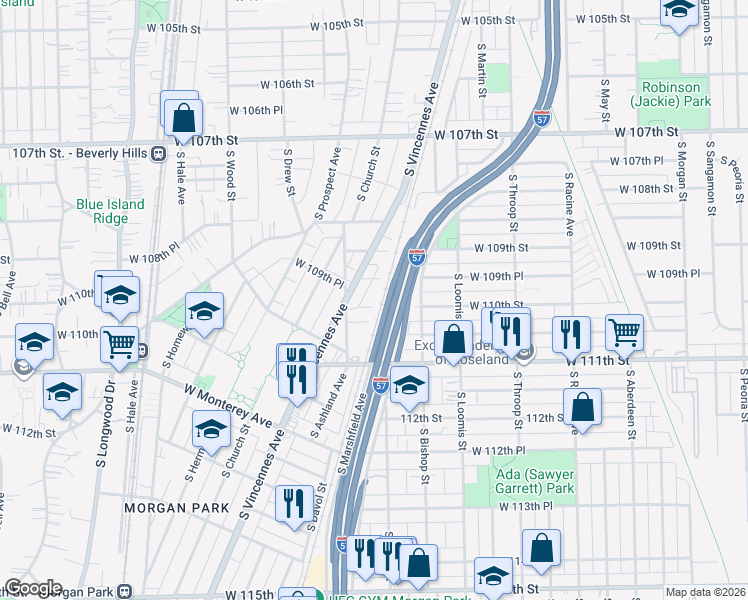 map of restaurants, bars, coffee shops, grocery stores, and more near 11002 South Laflin Street in Chicago