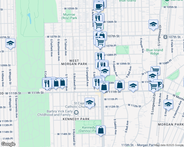 map of restaurants, bars, coffee shops, grocery stores, and more near 10949 South Artesian Avenue in Chicago