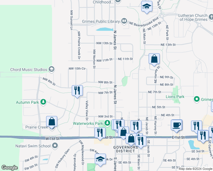 map of restaurants, bars, coffee shops, grocery stores, and more near 204 Northwest 8th Street in Grimes