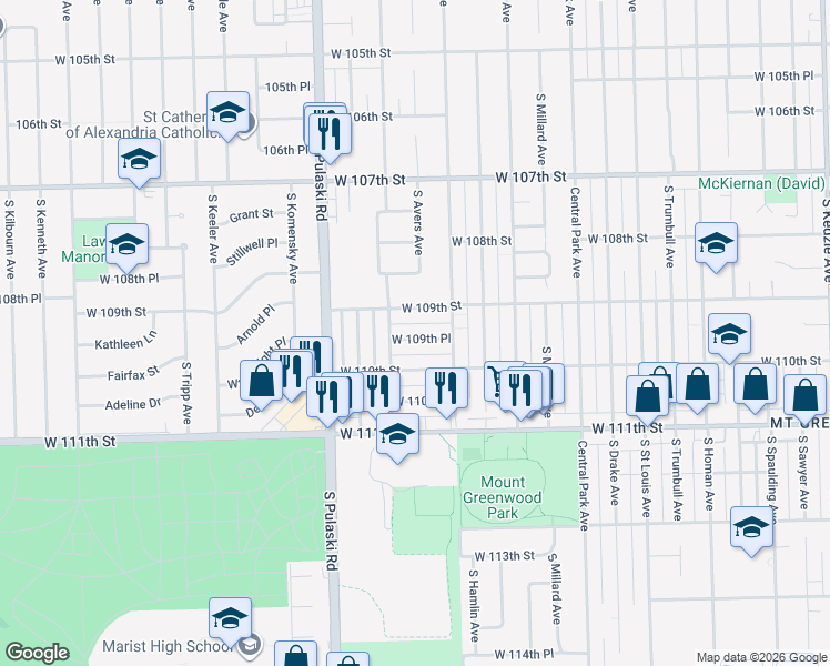 map of restaurants, bars, coffee shops, grocery stores, and more near 3838 West 109th Place in Chicago