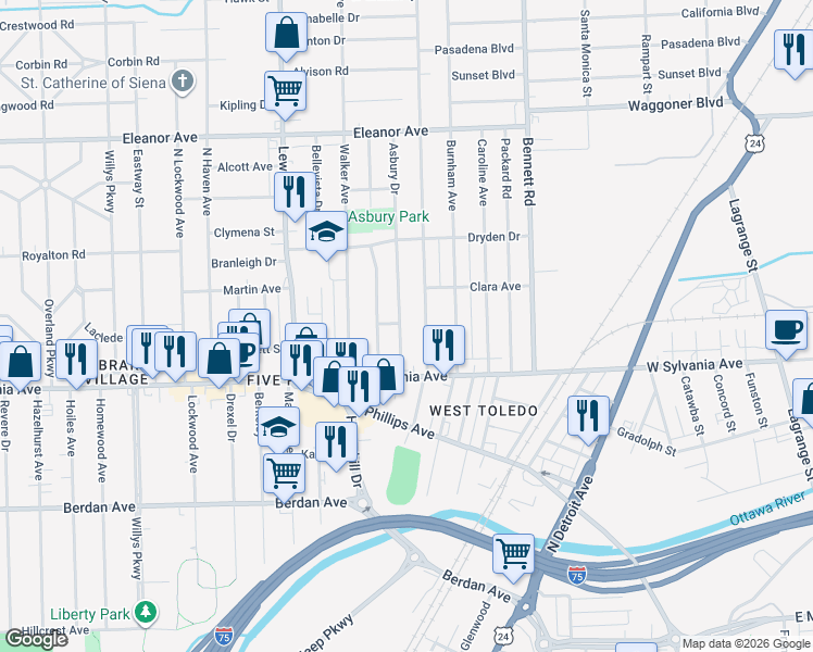 map of restaurants, bars, coffee shops, grocery stores, and more near 4043 Vermaas Avenue in Toledo