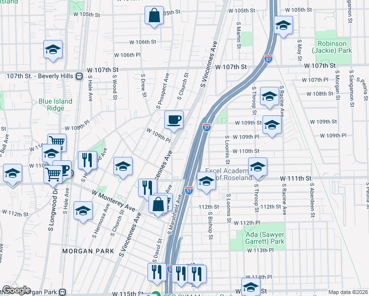 map of restaurants, bars, coffee shops, grocery stores, and more near 11002 South Laflin Street in Chicago
