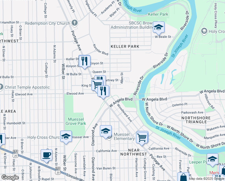 map of restaurants, bars, coffee shops, grocery stores, and more near 1000-1198 King Street in South Bend