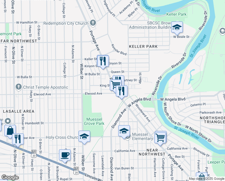 map of restaurants, bars, coffee shops, grocery stores, and more near 1301 Elwood Avenue in South Bend