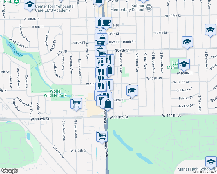 map of restaurants, bars, coffee shops, grocery stores, and more near 10925 South Cicero Avenue in Oak Lawn