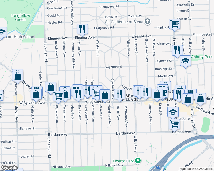 map of restaurants, bars, coffee shops, grocery stores, and more near 1408 Rollins Road in Toledo