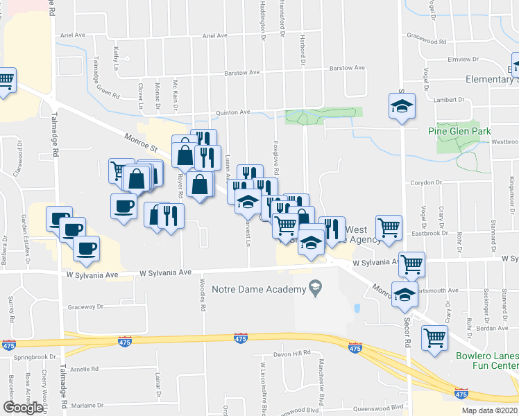 map of restaurants, bars, coffee shops, grocery stores, and more near 4788 Monroe Street in Toledo