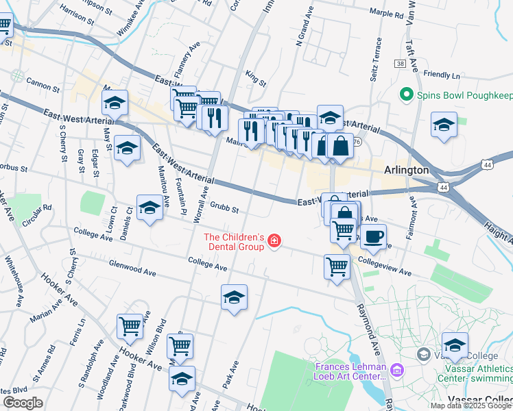map of restaurants, bars, coffee shops, grocery stores, and more near 38 South Grand Avenue in Poughkeepsie