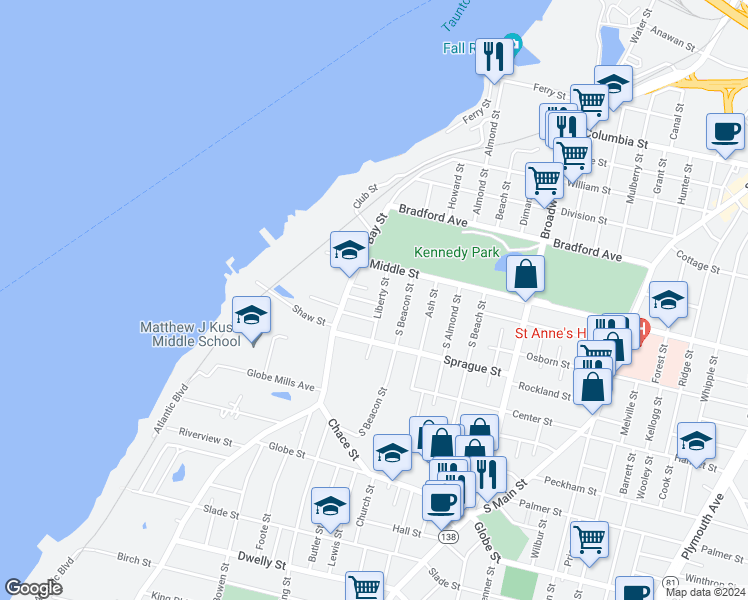 map of restaurants, bars, coffee shops, grocery stores, and more near 66 Sachem Street in Fall River