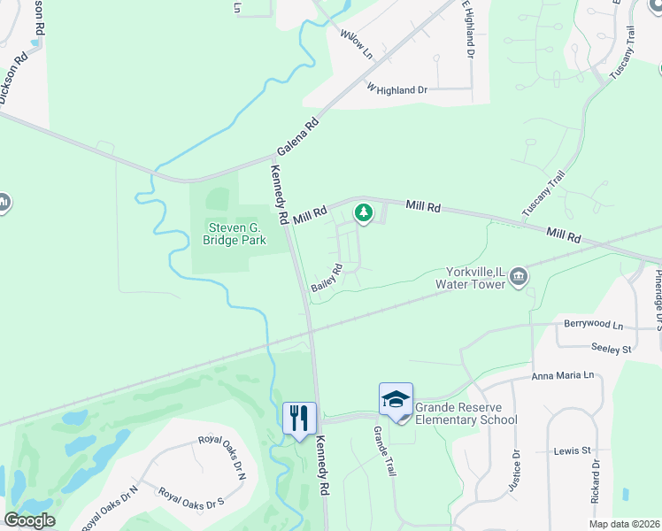 map of restaurants, bars, coffee shops, grocery stores, and more near 3767 Bailey Road in Yorkville