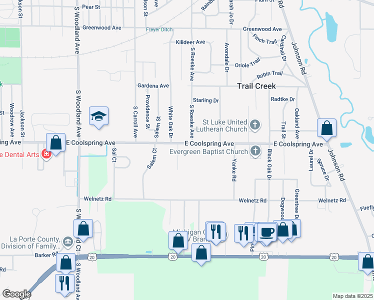 map of restaurants, bars, coffee shops, grocery stores, and more near 1901 East Coolspring Avenue in Trail Creek