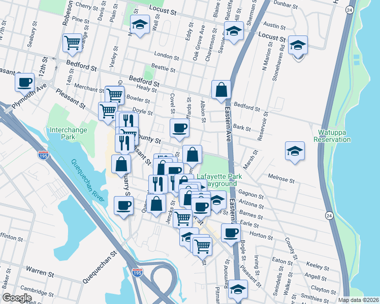 map of restaurants, bars, coffee shops, grocery stores, and more near 349 County Street in Fall River