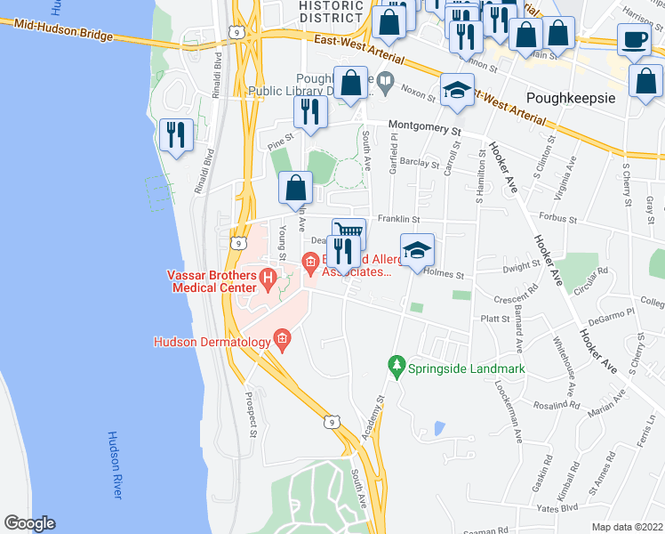 map of restaurants, bars, coffee shops, grocery stores, and more near 10 Reade Place in Poughkeepsie