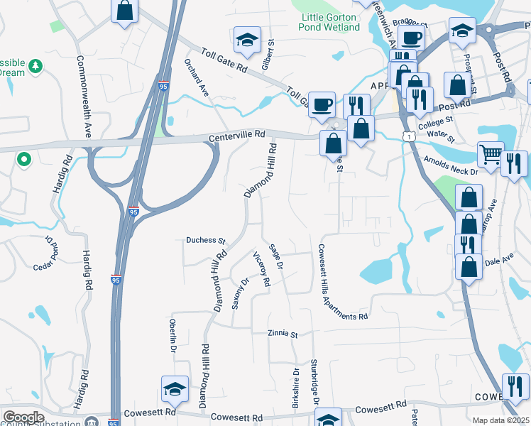 map of restaurants, bars, coffee shops, grocery stores, and more near 15 Octave Street in Warwick