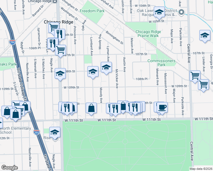 map of restaurants, bars, coffee shops, grocery stores, and more near 10901 Moody Avenue in Chicago Ridge