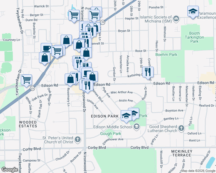 map of restaurants, bars, coffee shops, grocery stores, and more near 2501-2899 Mac Arthur Avenue in South Bend