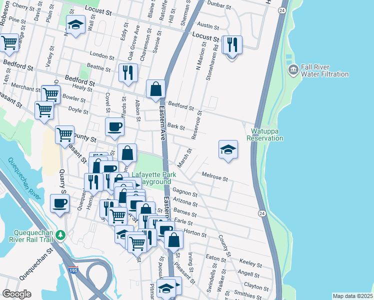map of restaurants, bars, coffee shops, grocery stores, and more near 16 Marsh Street in Fall River