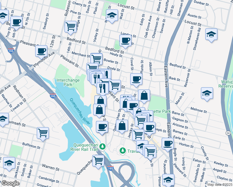 map of restaurants, bars, coffee shops, grocery stores, and more near 1112 Pleasant Street in Fall River
