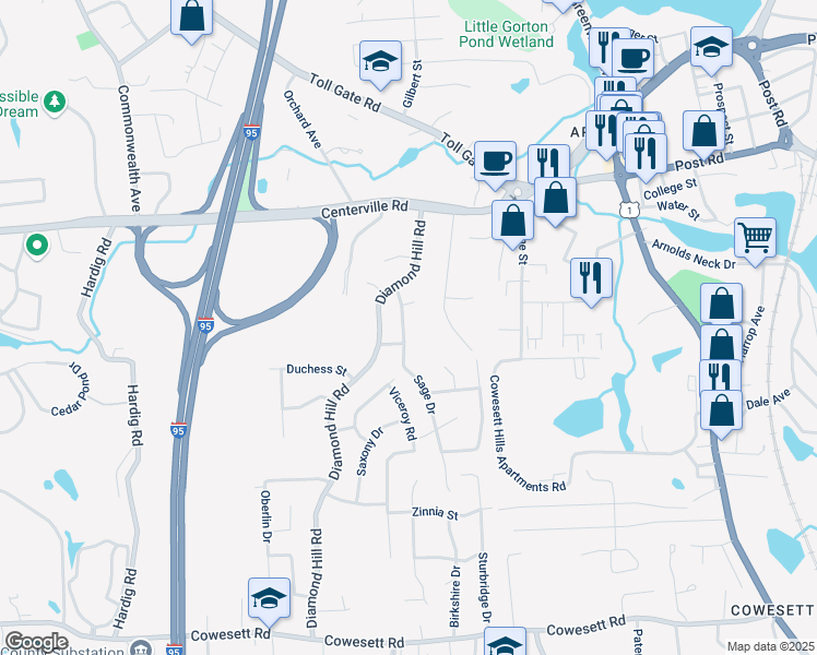 map of restaurants, bars, coffee shops, grocery stores, and more near 15 Octave Street in Warwick