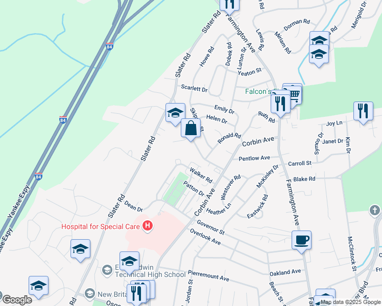 map of restaurants, bars, coffee shops, grocery stores, and more near 50 Horse Plain Road in New Britain